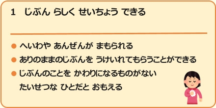 1自分らしく成長できる。自分が大切で、かけがえのない人間だと思える。など。