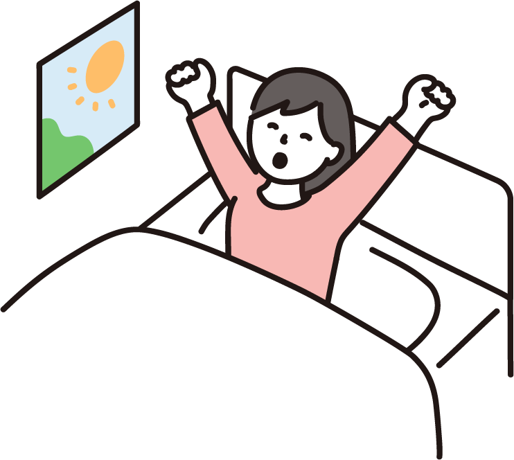 朝にベッドで背伸びをする女性のイラスト