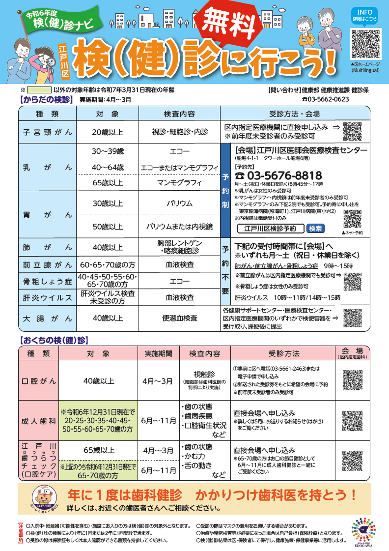 江戸川区のからだとおくちの無料の検診一覧の表です。