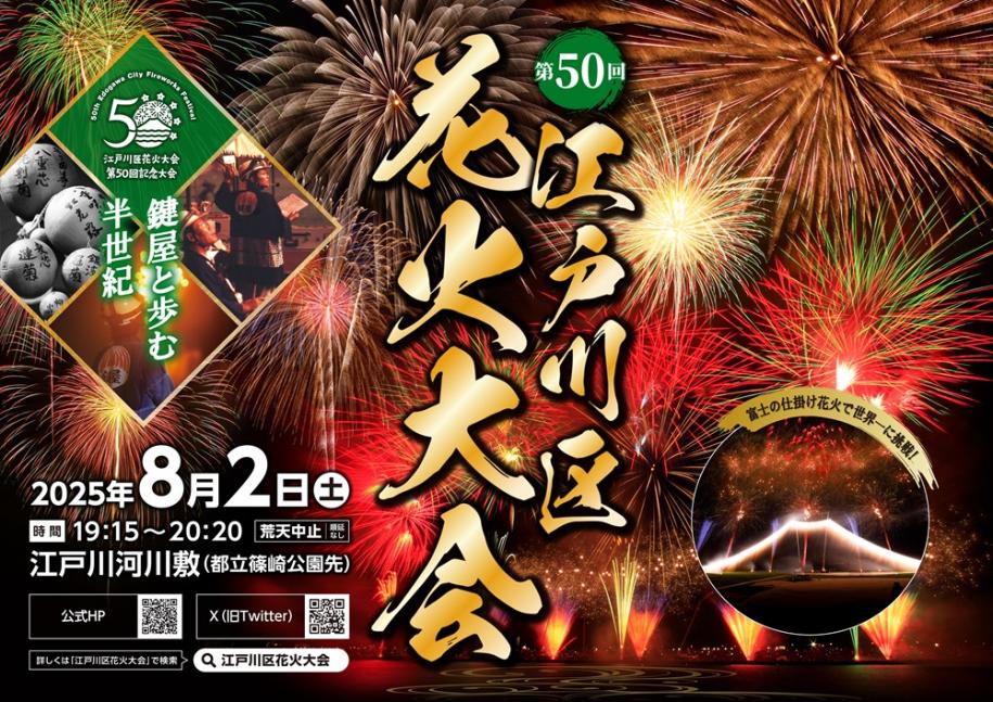 花火大会　日時：2025年8月2日 19時15分から20時20分　場所：江戸川河川敷