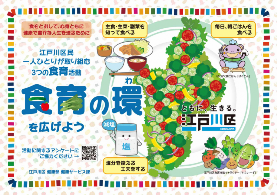 江戸川区民一人ひとりが取り組む3つの食育活動「主食·主菜·副菜を知って食べる」「毎日、朝ごはんを食べる」「塩分を控える工夫をする」食育の環を広げよう
