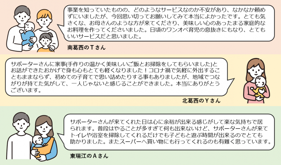 南葛西のTさん「事業を知っていたものの、どのようなサービスなのか不安があり、なかなか頼めずにいましたが、今回思い切ってお願いしてみて本当によかったです。とても気さくな、お母さんのような方が来てくださり、美味しい心のあったまる家庭的なお料理を作ってくださいました。日頃のワンオペ育児の息抜きにもなり、とてもいいサービスだと思いました。」
北葛西のYさん「サポーターさんに家事(手作りの温かく美味しいご飯とお掃除をしてもらいました)とお話ができたおかげで身も心もとても軽くなりました！コロナ禍で気軽に外出することもままならず、初めての子育てで思い詰めたりする事もありましたが、地域でつながりが持てた気がして、一人じゃないと感じることができました。本当にありがとうございます。」
東瑞江のAさん「サポーターさんが来てくれた日は心に余裕が出来る感じがして楽な気持ちで居られます。普段はやることが多すぎて何も出来ないけど、サポーターさんが来てトイレや浴室を掃除してくれるだけでも子どもと遊ぶ時間が出来るのでとても助かりました。またスーパーへ買い物にも行ってくれるのも有難く思っています。」
