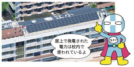 屋上の太陽光パネル　屋上で発電された電力は校内で使われているよ