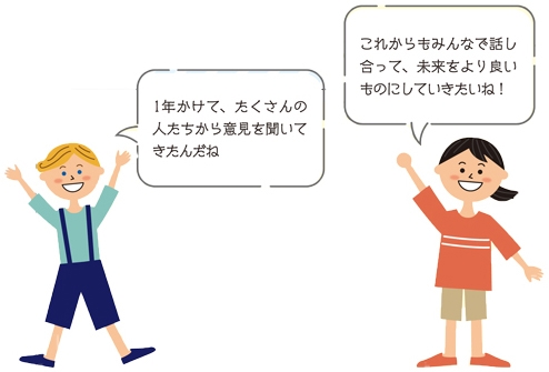 「1年かけて、たくさんの人たちから意見を聞いてきたんだね」「これからもみんなで話し合って、未来をより良いものにしていきたいね！」