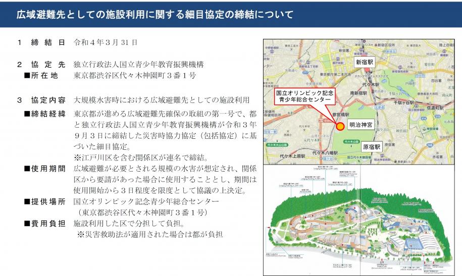 広域避難先としての施設利用に関する細目協定についての説明及び地図