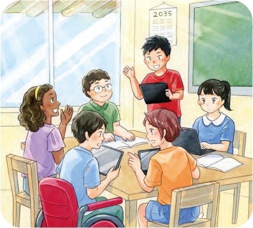 挿絵（教室で話をしている子どもたち）