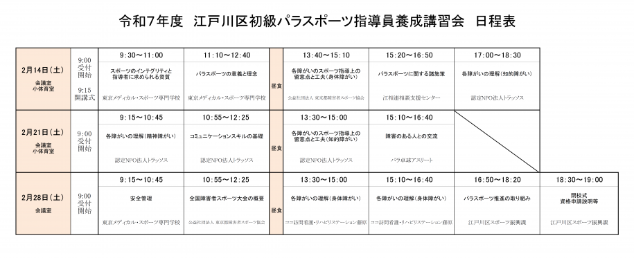 令和7年度江戸川区初級パラスポーツ指導員養成講習会日程表