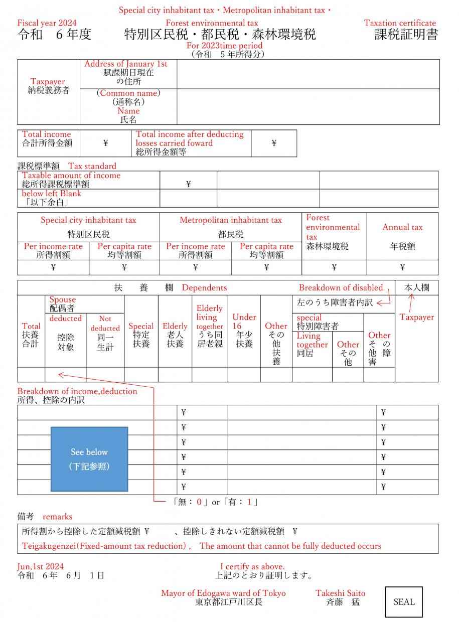 課税証明書英語表記