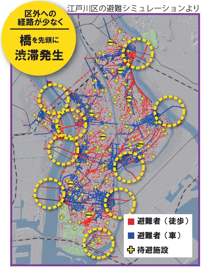 江戸川区の避難シミュレーションより。区外への経路が少なく、橋を先頭に渋滞発生