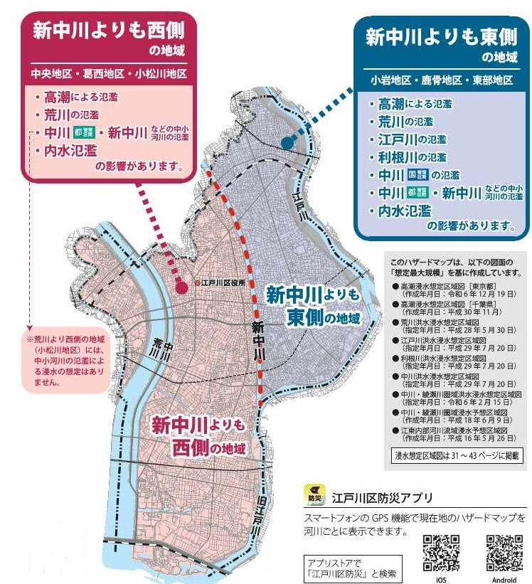 新中川を境に色分けされた江戸川区の地図があります。新中川よりも西側の地域（中央地区、葛西地区、小松川地区）などは高潮による氾濫・荒川の氾濫・中川（都管理区間）・新中川などの中小河川の氾濫・内水氾濫の影響があります。新中川よりも東側の地域（小岩地区、鹿骨地区、東部地区）などは高潮による氾濫・荒川の氾濫・江戸川の氾濫・利根川の氾濫・中川（国管理区間）の氾濫・中川（都管理区間）や新中川などの中小河川の氾濫・内水氾濫の影響があります。