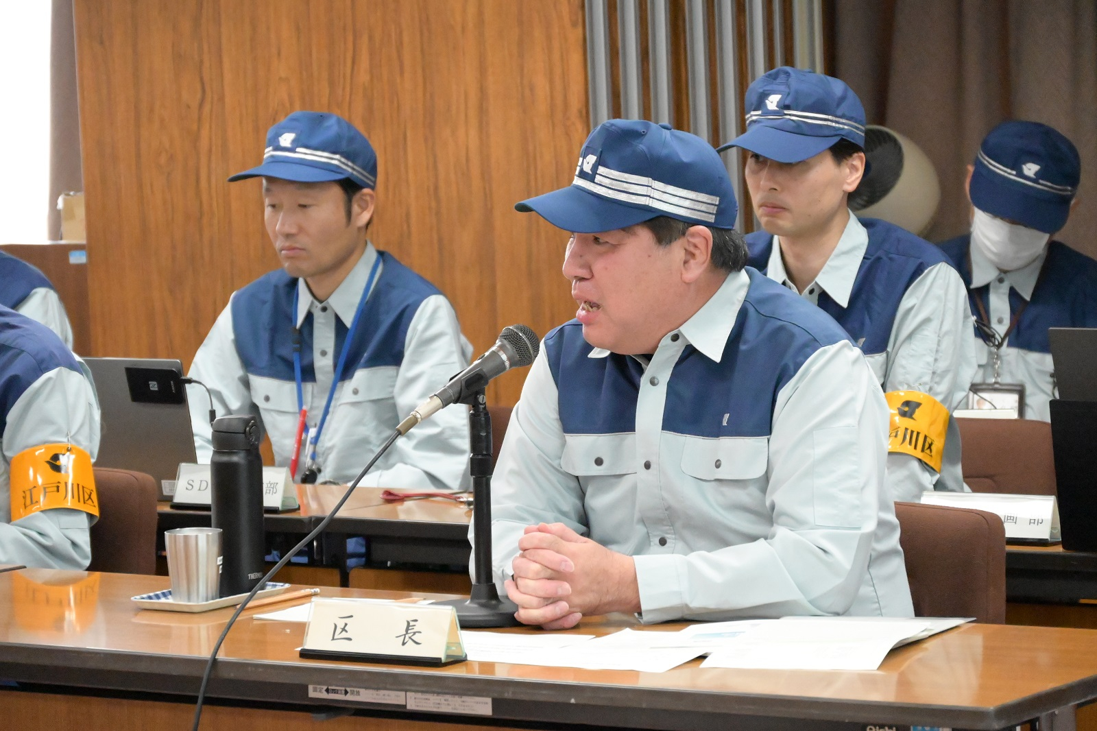 新型インフルエンザ等対策本部で発言する区長