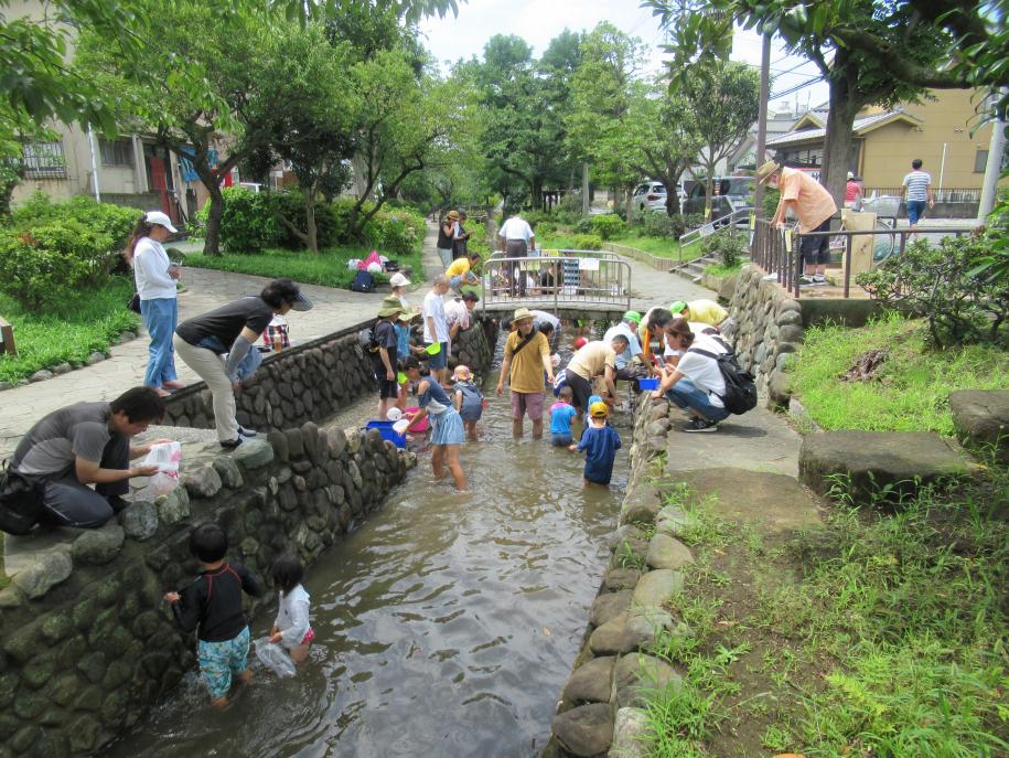 画像：古川親水公園で遊ぶ親子