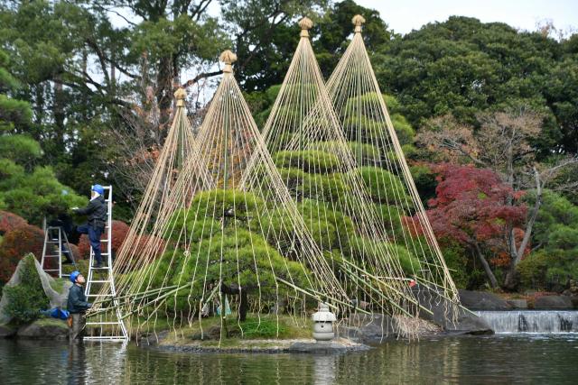 帆先の先端から吊るされた張り縄を結ぶ職人