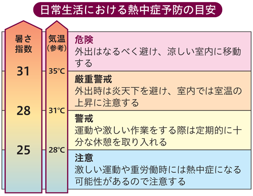 日常生活における熱中症予防の目安
暑さ指数31以上　気温（参考）35度以上　危険 外出はなるべく避け、涼しい室内に移動する
暑さ指数28以上31未満　気温31度以上38度未満　厳重警戒 外出時は炎天下を避け、室内では室温の上昇に注意する
暑さ指数25以上28未満　気温28度以上31度未満　警戒 運動や激しい作業をする際は定期的に十分な休憩を取り入れる
暑さ指数25未満　気温28度未満　注意 激しい運動や重労働時には熱中症になる可能性があるので注意する