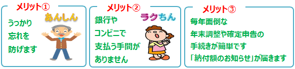 次のメリットがあります。うっかり忘れを防げます。コンビニ等で支払う手間がありません。年末調整や確定申告の手続きが簡単です。