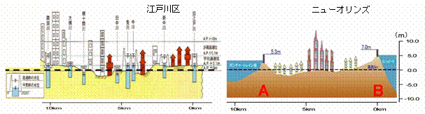 図　江戸川区とニューオリンズの地形比較